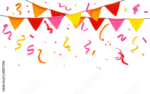 Vibrant isolated confetti, flags, ribbons, creating atmosphere for a happy birthday. Design perfect for birthday parties, anniversaries, or any joyful event. Not AI generated.