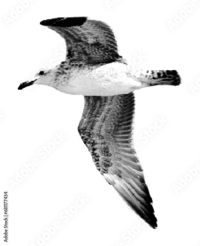 Halftone dotted seagull for trendy y2k retro collage. Vector textured bird in flight