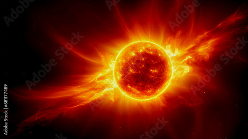 Intense solar flare eruption from a vibrant sun, cosmic background.
 photo