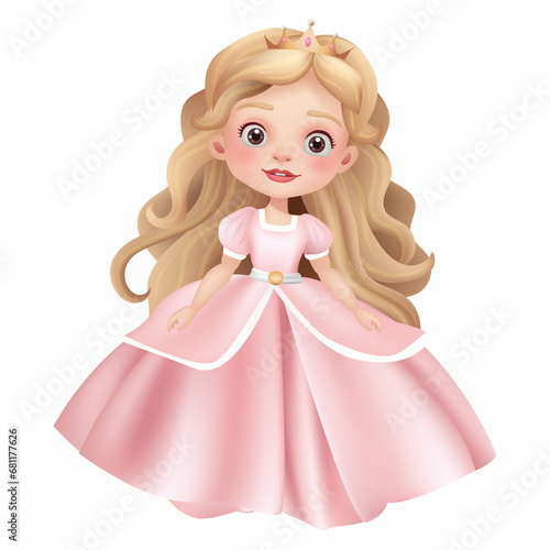 3D illustration of a cute princess doll with a beautiful dress, crown, and beautiful face. Magical princess, perfect for fairy tale themes. The character is isolated Not AI generated.