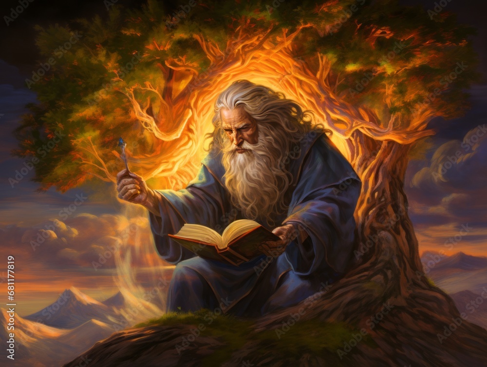 Moses with the burning bush, old Testament and Jewish Torah, Book of Exodus, religion Illustration Generative AI