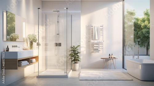 a bright and airy bathroom with white tiles and a large mirror and a glass shower with a rainfall showerhead