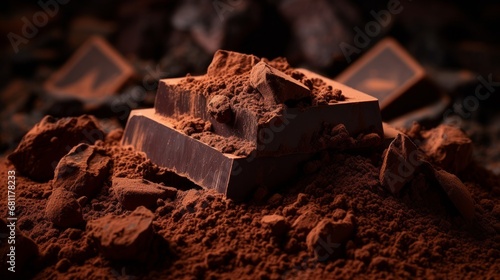 A piece of dark chocolate on cocoa powder