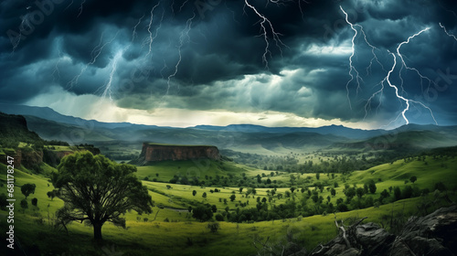 Thunderstruck Landscape: A landscape enveloped in the brilliance of a lightning storm, where each flash reveals intricate details of the terrain, creating a visually mesmerizing pa