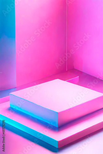 Futuristic minimal scene. Empty podium with gradient illuminate neon. Backdrop for display product on sale.