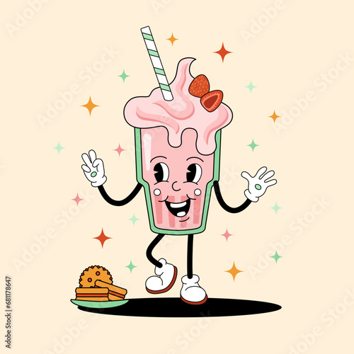 Comic flat Milkshake with face on decorated background. Vector cartoon illustration in groovy retro style with drink. Image of cute strawberry milk shake character with smile for banner or poster