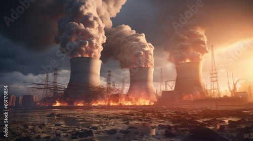 Nuclear power plants depicted with billowing smoke, associated with concerns of global warming and the energy crisis. This 3D rendering offers an artist's impression leading to a decline in fossil fue photo