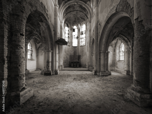 wide angle view to central interior abandoned cathedral in black and white style © sergejson