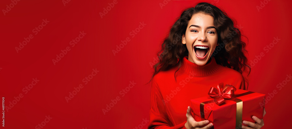 Happy Young Woman Holding a Christmas or Valentines Day Holiday Present on a Red Background with Space for Copy Happy Young Woman Holding a Christmas or Valentines Day Holiday Present on a Red Background with Space for Copy