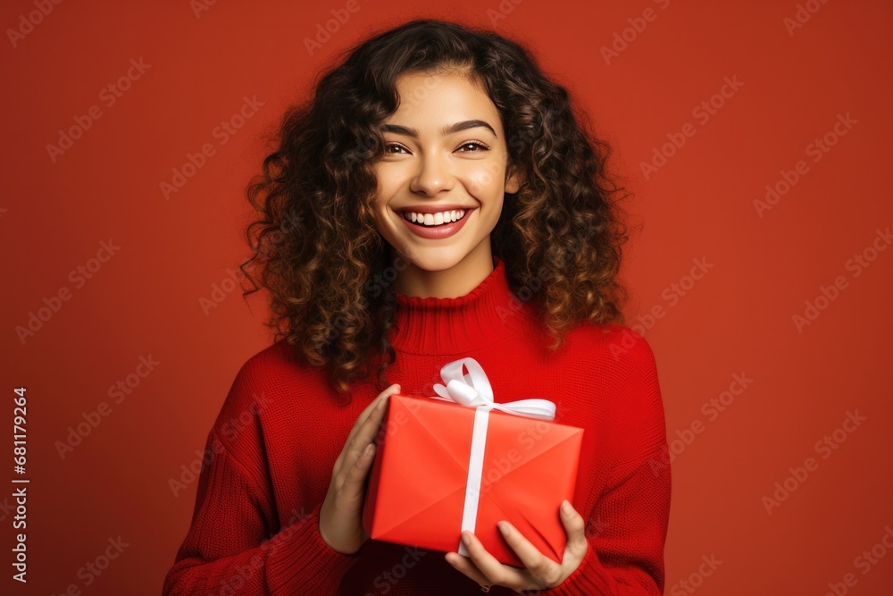 Happy Young Woman Holding a Red Christmas or Valentines Day Holiday Present on a Red Background with Space for Copy Happy Young Woman Holding a Red Christmas or Valentines Day Holiday Present on a Red Background with Space for Copy