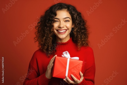 Happy Young Woman Holding a Red Christmas or Valentines Day Holiday Present on a Red Background with Space for Copy © JJAVA