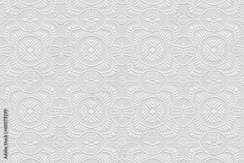 Embossed elegant white background, cover design. Ornamental boho style, handmade. Geometric ethnic 3D pattern. Arabesques of the East, Asia, India, Mexico, Aztec, Peru.  ©  swetazwet