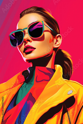 Flat illustration of fashion woman wearing sunglasses, closeup portrait, Vibrant bright colors
