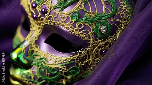 Mardi Gras Venetian masks in golden purple green colors background. Festive colorful Carnival Mardi Gras masquerade mask design for banner, greeting card, prints, poster, party invitation, flyer.. photo