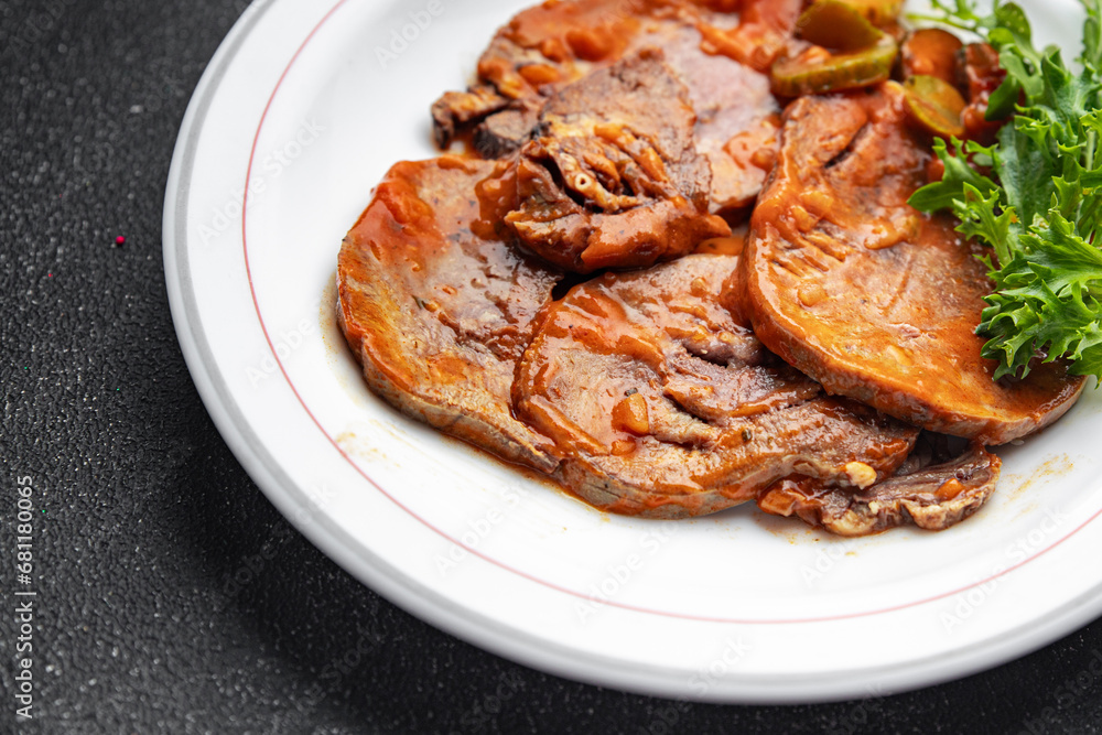 tongue food beef tomato hot sauce fresh eating meal cooking snack on the table copy space food background rustic top view