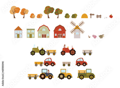 vector farm set with funny farmers, barn, country house, animals, birds, tractor, windmill, hay stacks, fruit, vegetables, beehive. Cute flat garden illustration