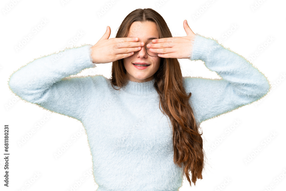 Teenager girl over isolated chroma key background covering eyes by hands and smiling Teenager girl over isolated chroma key background covering eyes by hands and smiling