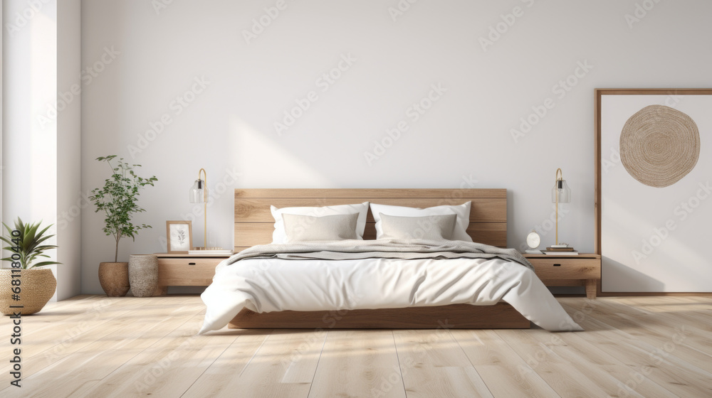 a bedroom with a white wall and a wooden floor and a double bed and a white bedspread and two nightstands  - obrazy, fototapety, plakaty 