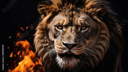 A fierceful lion in a black background with flames in eyes and ready to bite 