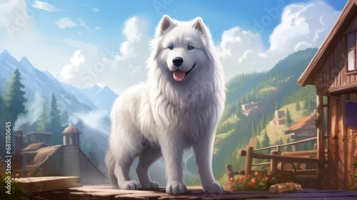 White Samoyed dog on a background of mountains. 3d rendering