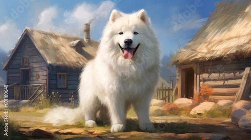 Samoyed dog in the village on the background of a wooden house