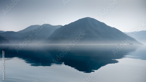 Calm sea or lake waves, rising morning fog and high blue mountains at sea coast
