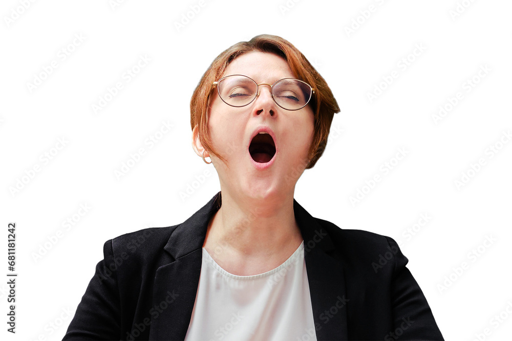 Woman yawns at the teacher desk, isolated on a white background. Concept of boring learning at school and holding lessons. Woman yawns at the teacher desk, isolated on a white background. Concept of boring learning at school and holding lessons.