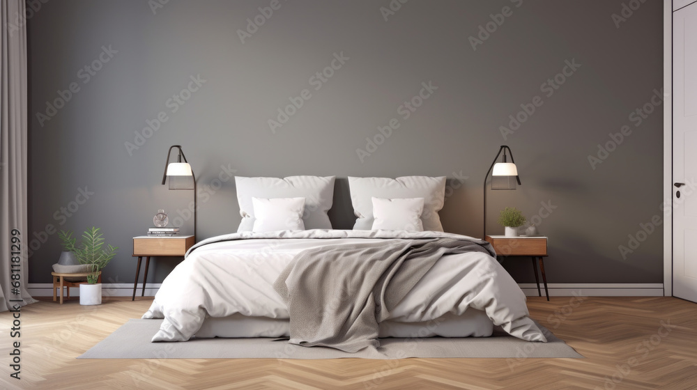 a bedroom with a gray wall and a wooden floor and a double bed and a white bedspread and two nightstands - obrazy, fototapety, plakaty 