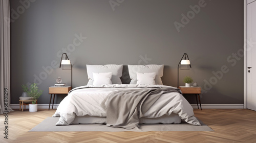 a bedroom with a gray wall and a wooden floor and a double bed and a white bedspread and two nightstands