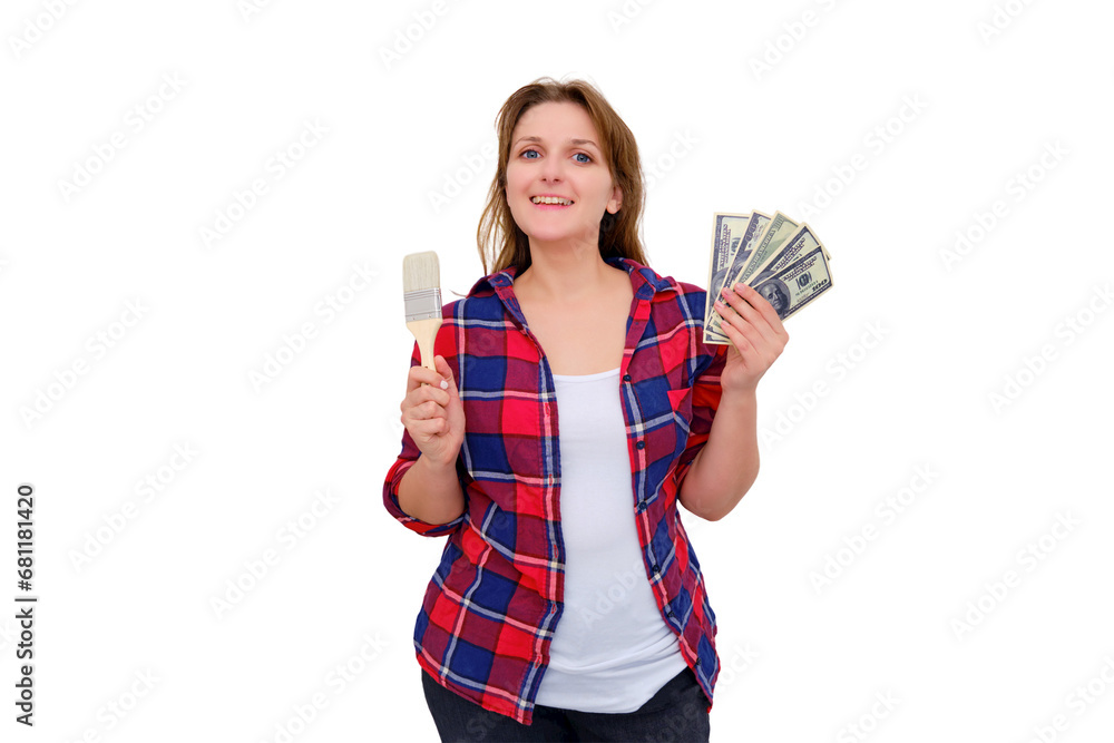Joyful woman home repair worker with money in hand, american dollars. Money for the repair of new housing, isolated on a white background. Joyful woman home repair worker with money in hand, american dollars. Money for the repair of new housing, isolated on a white background.
