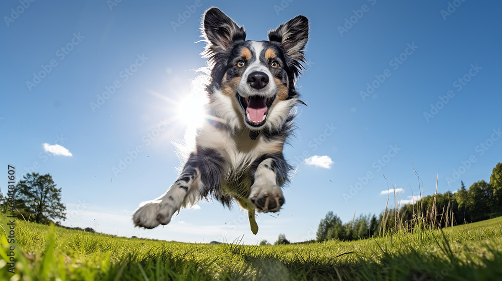 Portrait of a border collie playing and jumping on the grass