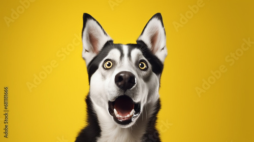 The dog makes a surprised face isolated on yellow background