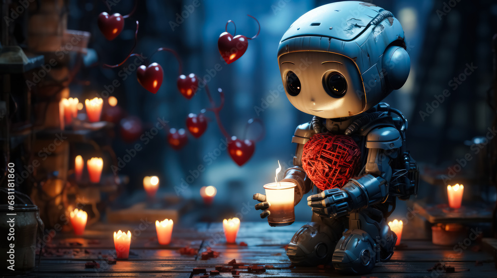 robot holding heart in his hands, Valentines day robot holding heart in his hands, Valentines day