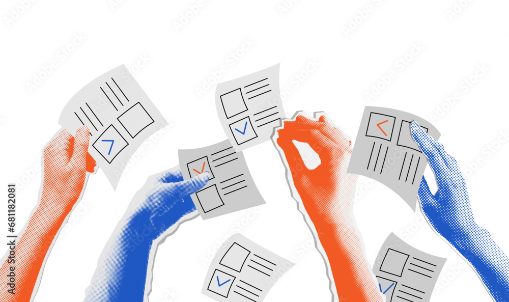 © LanaSham - The election voting process, bidding, hands raised up with papers. Sale and buy concept in retro collage halftone style. Isolated vector illustration. © LanaSham - The election voting process, bidding, hands raised up with papers. Sale and buy concept in retro collage halftone style. Isolated vector illustration.