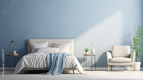 a bedroom with a beige wall and a white bed and a armchair