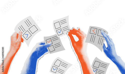The election voting process, bidding, hands raised up with papers. Sale and buy concept in retro collage halftone style. Isolated vector illustration. photo