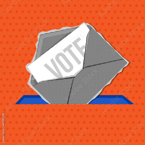 Vote by mail - trendy vintage halftone banner concept. Distant voting. Open envelope with a ballot paper is dropped into the mailbox.