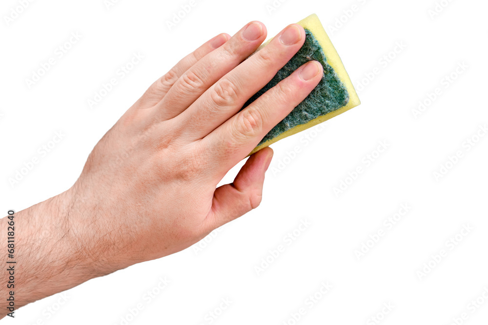 A man hand with a yellow sponge washes, isolated on a white background - obrazy, fototapety, plakaty 