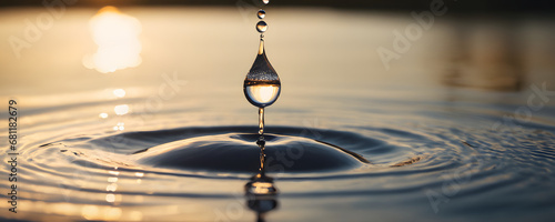 Macro Capture of a Single Water Droplet Creating Ripples on Tranquil Surface - High-Speed Photography, Clarity and Purity Concept