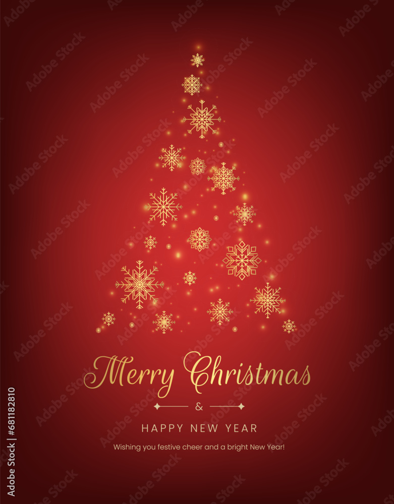 Festive red and gold Christmas banner with snowflakes in pine tree shape. A luxurious and illuminated design. Not AI generated. Festive red and gold Christmas banner with snowflakes in pine tree shape. A luxurious and illuminated design. Not AI generated.