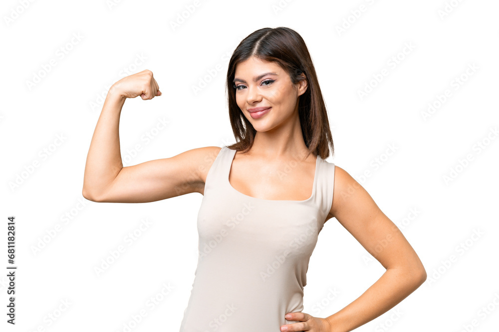 Young Russian woman over isolated chroma key background doing strong gesture Young Russian woman over isolated chroma key background doing strong gesture