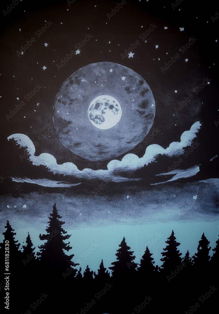 illustrazione di paesaggio notturno con alberi di conifera sotto un cielo stellato illuminato da una luna piena