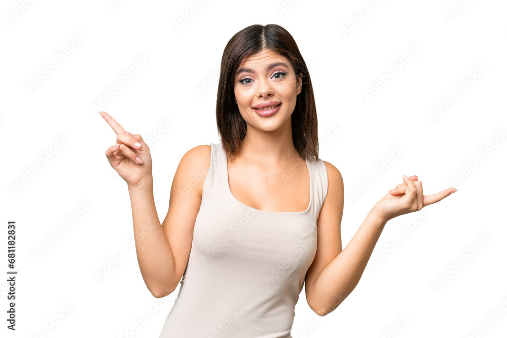 Young Russian woman over isolated chroma key background pointing finger to the laterals and happy Young Russian woman over isolated chroma key background pointing finger to the laterals and happy