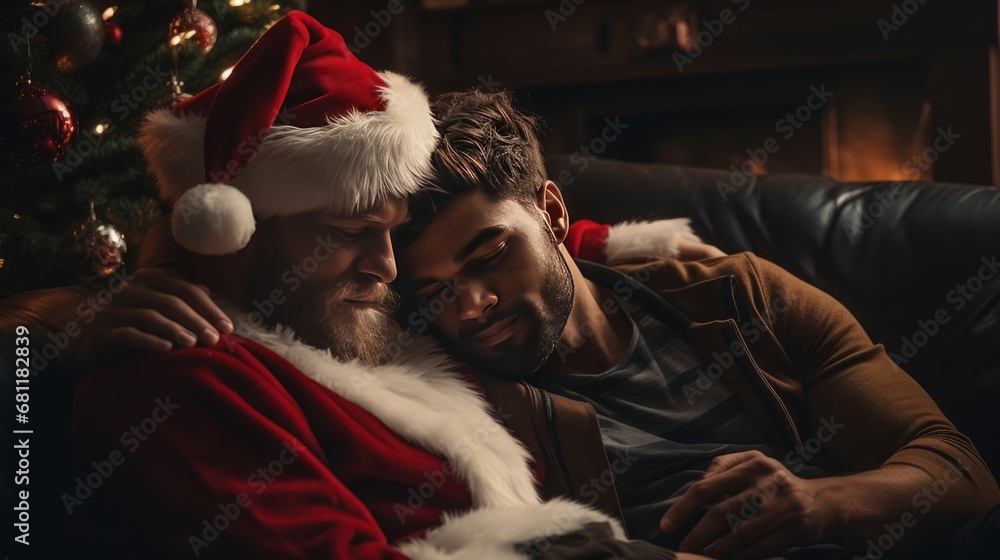 A gay LGBT couple celebrates Christmas. A guy in a Santa Claus costume hugs a sleeping gay friend. LGBTQ gay male couples