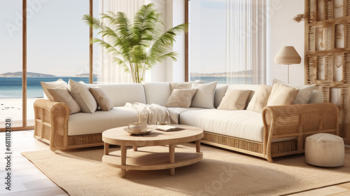 a beach-style living room with a rattan sofa and a glass-top coffee table and a white rug 