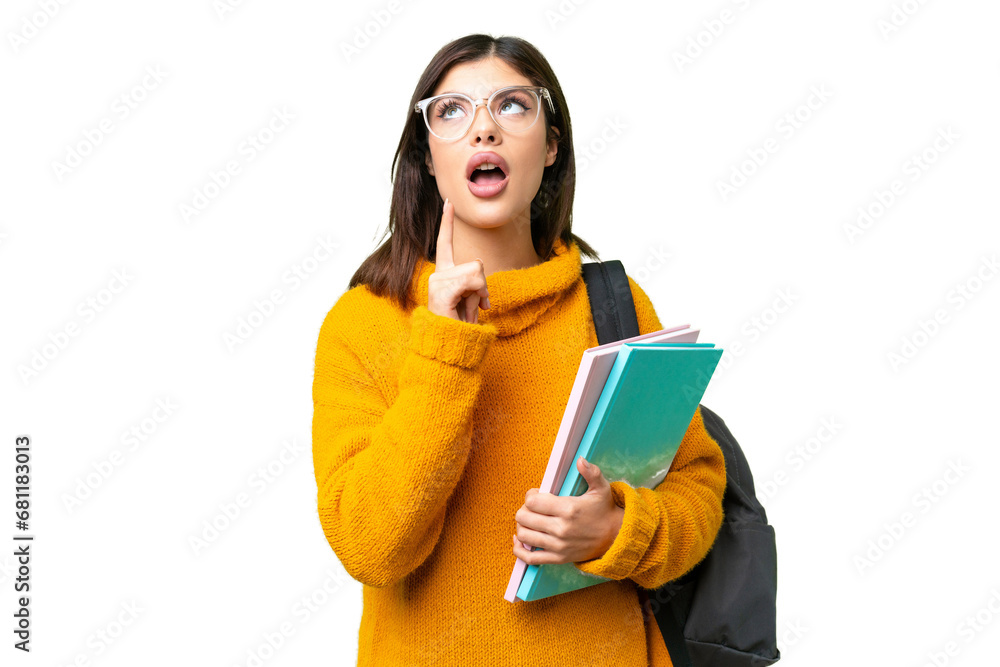 Young student woman over isolated chroma key background thinking an idea pointing the finger up Young student woman over isolated chroma key background thinking an idea pointing the finger up