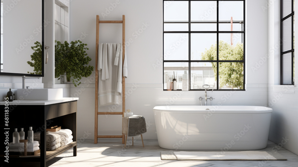 Fototapeta premium a bathroom with a white tile wall and a tile floor and a white bathtub