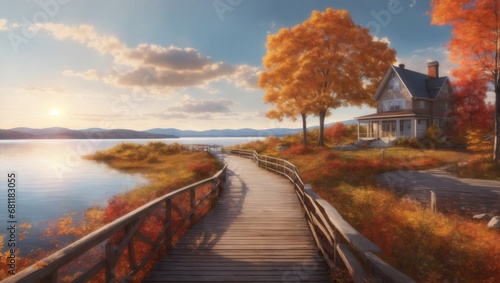 illustration of autumn scenery, , Detailed  Burlington Vermont, with detailed realistic boardwalk, detailed realistic lake champagne, , Nikon z8 camera, 70-200mm, dynamic sunset ,  ultra hd, realistic photo