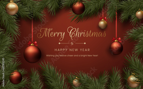 Merry Christmas realistic red and gold balls, pine tree branches, and festive decorations. This elegant design is suitable for holiday cards, invitations, and banners. Not AI generated