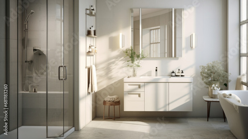 a bathroom with a white sink and a white tub and a mirrored cabinet 